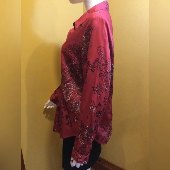 ❣️HP!❣️Coldwater Creek | Red Floral 100% Cotton Button Down Shirt - Picture 4 of 9